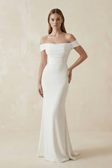 Off - the - Shoulder Mermaid Satin Pleated Wedding Dress in White - KISS BRIDAL Wedding Dresses