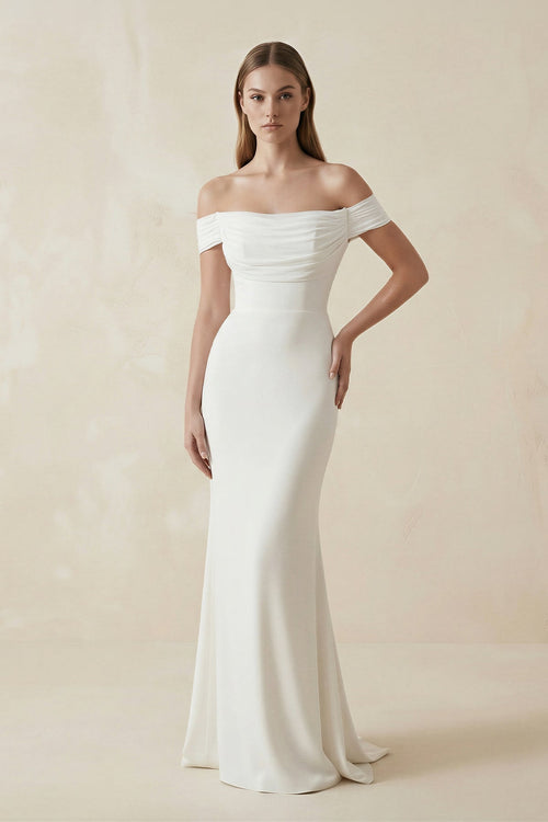Off - the - Shoulder Mermaid Satin Pleated Wedding Dress in White - SHE IS ME Wedding Dresses