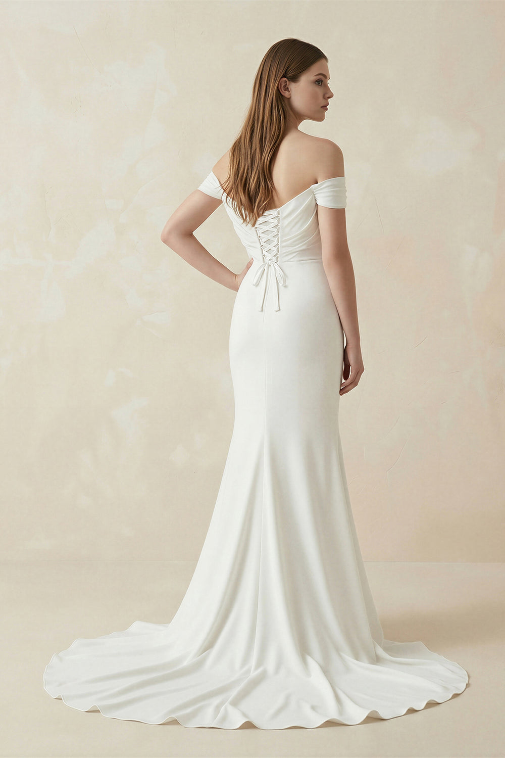 Off - the - Shoulder Mermaid Satin Pleated Wedding Dress in White - KISS BRIDAL Wedding Dresses
