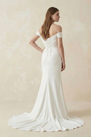 Off - the - Shoulder Mermaid Satin Pleated Wedding Dress in White - KISS BRIDAL Wedding Dresses
