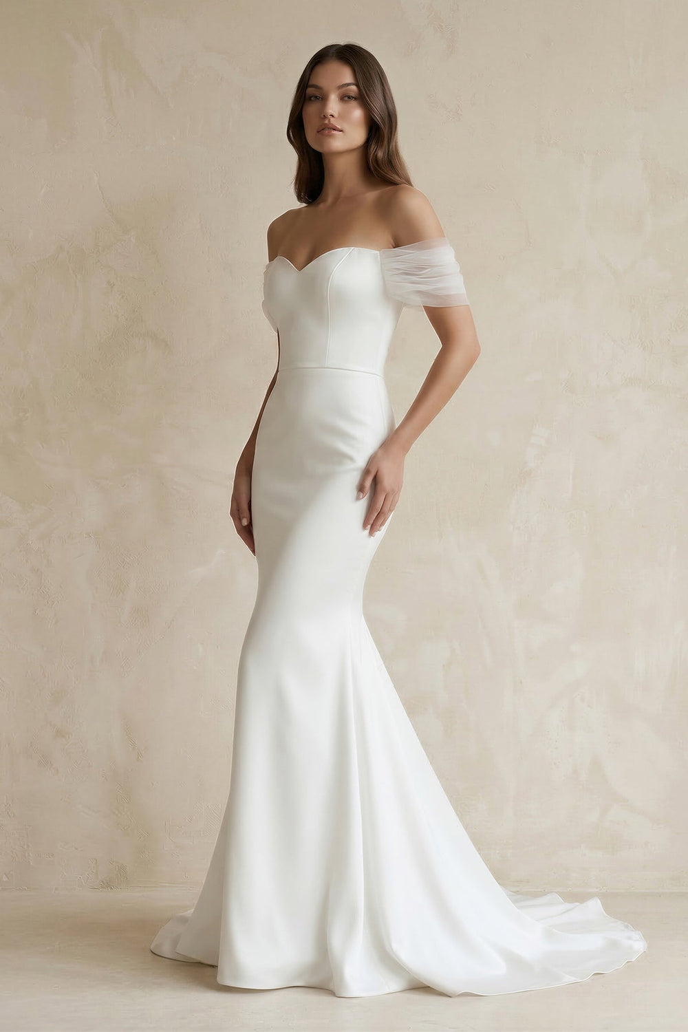 Off - the - Shoulder Mermaid Satin Wedding Dress in White - KISS BRIDAL Wedding Dresses