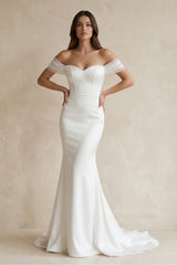 Off - the - Shoulder Mermaid Satin Wedding Dress in White - KISS BRIDAL Wedding Dresses