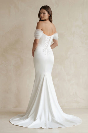 Off - the - Shoulder Mermaid Satin Wedding Dress in White - KISS BRIDAL Wedding Dresses