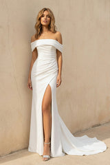 Off The Shoulder Mermaid Satin Wedding Dress With Slit in White - KISS BRIDAL Wedding Dresses