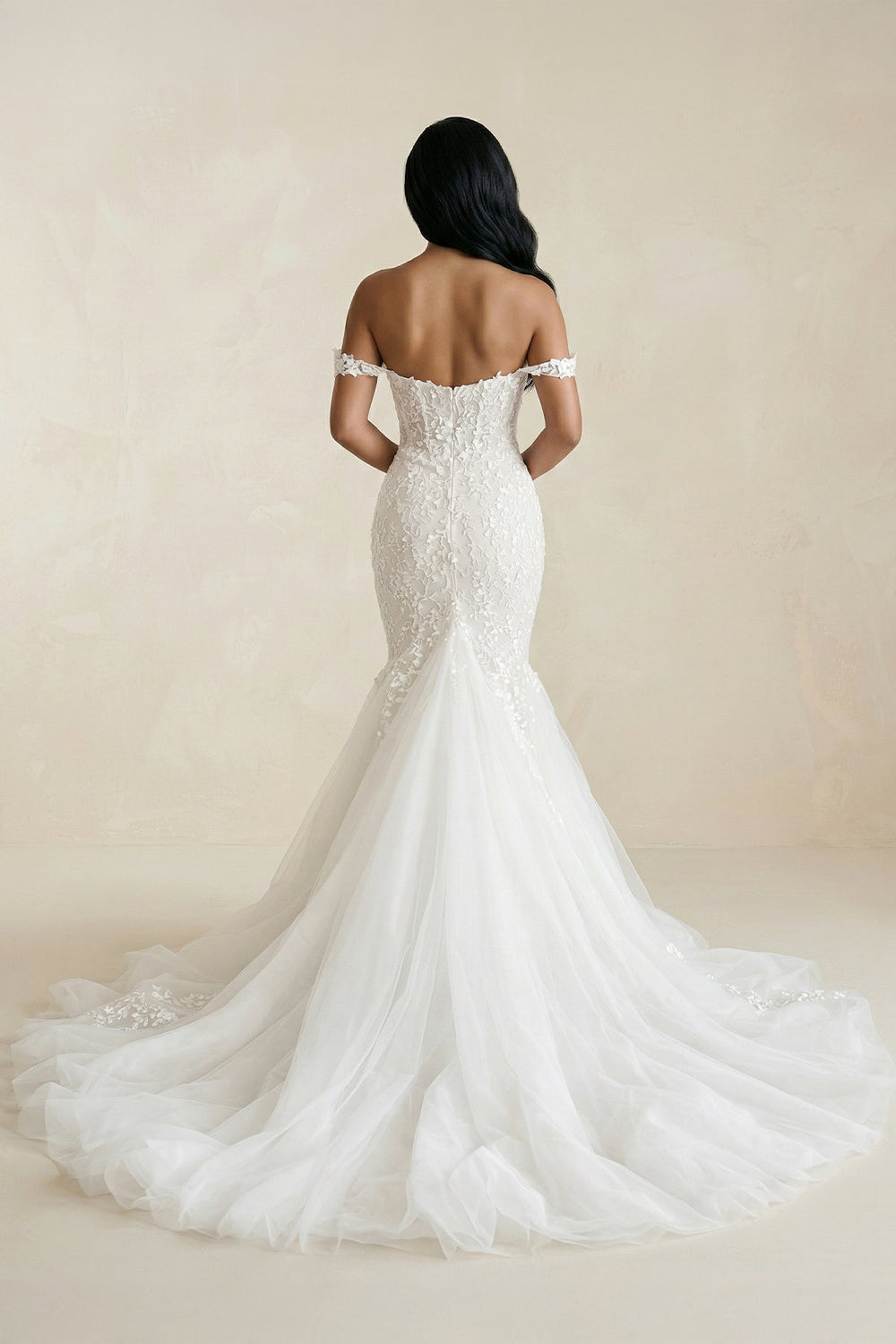 Off - the - Shoulder Mermaid Tulle Appliqued Wedding Dress in White - KISS BRIDAL Wedding Dresses
