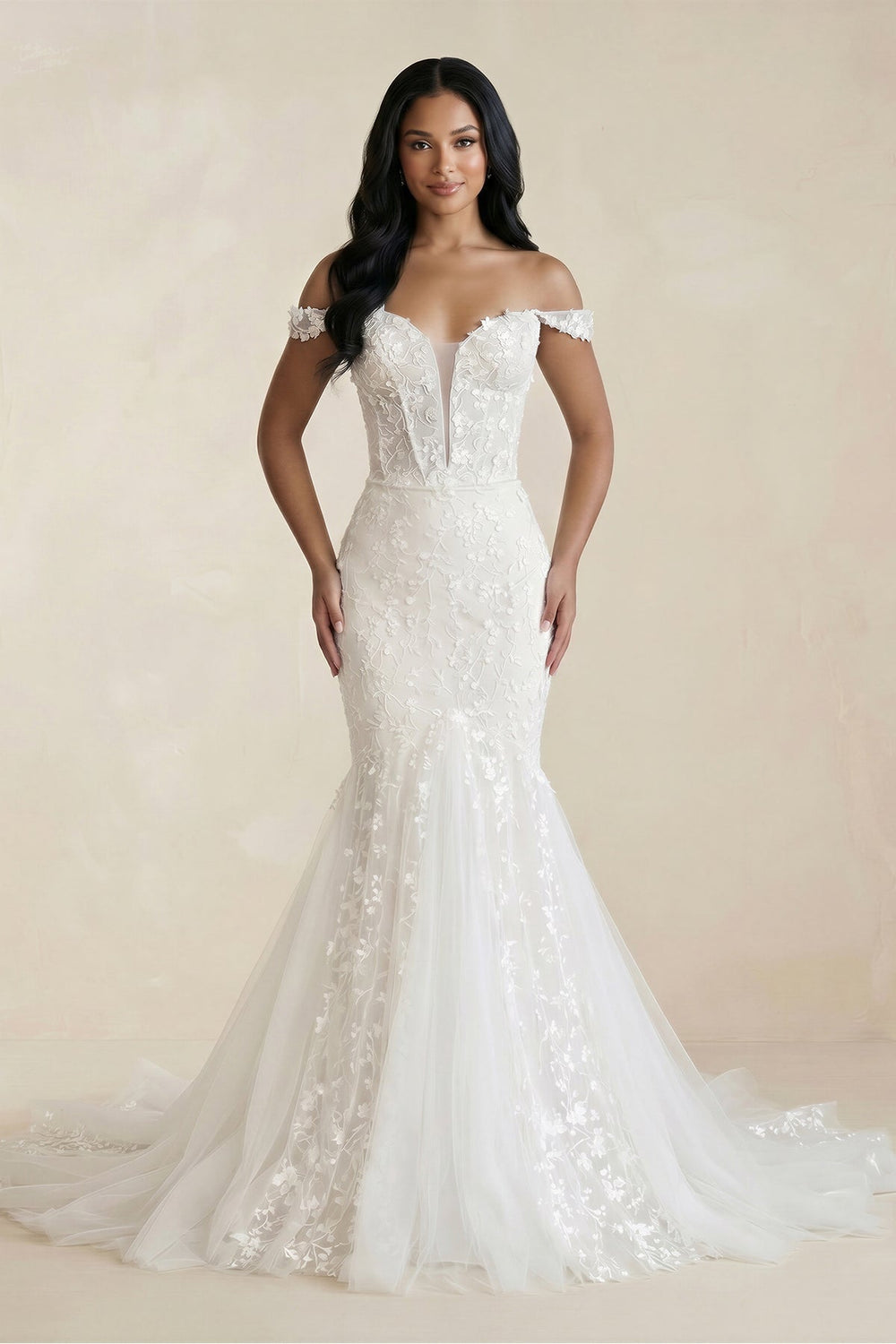 Off - the - Shoulder Mermaid Tulle Appliqued Wedding Dress in White - KISS BRIDAL Wedding Dresses