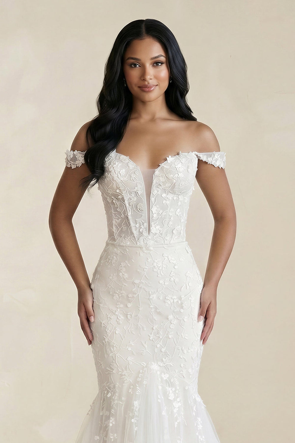 Off - the - Shoulder Mermaid Tulle Appliqued Wedding Dress in White - KISS BRIDAL Wedding Dresses