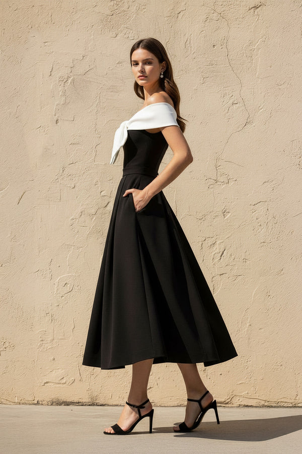 Off The Shoulder Midi Dress With Bow in Black and White - SHE IS ME