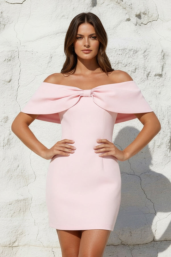 Off The Shoulder Mini Dress With Bow Cape in Pink - SHE IS ME