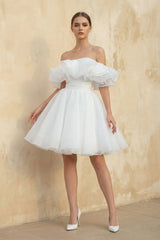 Off The Shoulder Organza A Line Wedding Dress in White - KISS BRIDAL Wedding Dresses