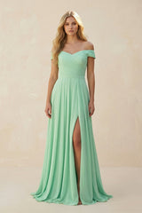 Off - the - Shoulder Pleated A - Line Chiffon Bridesmaid Dress - KISS BRIDAL Bridesmaid Dresses