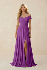 Off - the - Shoulder Pleated A - Line Chiffon Bridesmaid Dress in Amethyst - KISS BRIDAL Bridesmaid Dresses