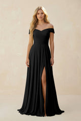 Off - the - Shoulder Pleated A - Line Chiffon Bridesmaid Dress in Black - KISS BRIDAL Bridesmaid Dresses