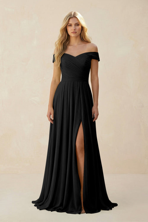Off - the - Shoulder Pleated A - Line Chiffon Bridesmaid Dress in Black - SHE IS ME Bridesmaid Dresses