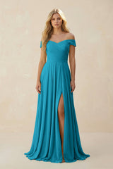 Off - the - Shoulder Pleated A - Line Chiffon Bridesmaid Dress in Blue Jay - KISS BRIDAL Bridesmaid Dresses