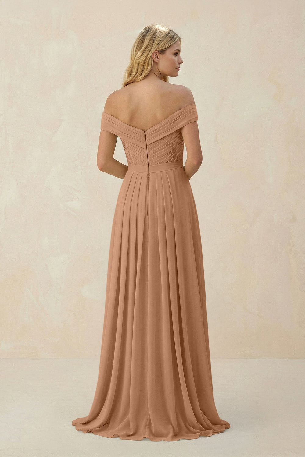 Off - the - Shoulder Pleated A - Line Chiffon Bridesmaid Dress in Bronzer - SHE IS ME Bridesmaid Dresses