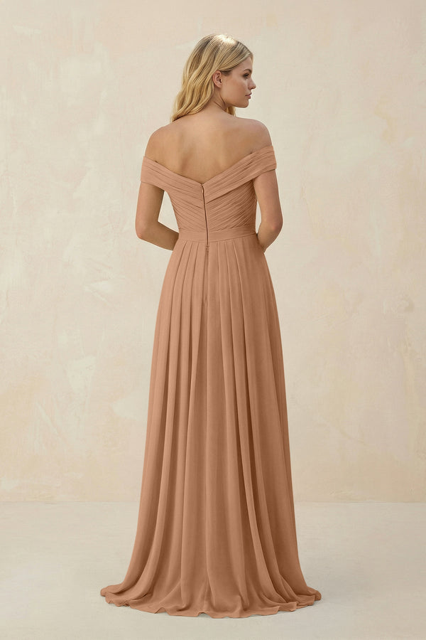 Off - the - Shoulder Pleated A - Line Chiffon Bridesmaid Dress in Bronzer - SHE IS ME Bridesmaid Dresses