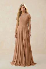 Off - the - Shoulder Pleated A - Line Chiffon Bridesmaid Dress in Bronzer - KISS BRIDAL Bridesmaid Dresses