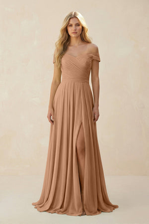 Off - the - Shoulder Pleated A - Line Chiffon Bridesmaid Dress in Bronzer - SHE IS ME Bridesmaid Dresses