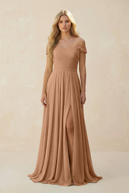 Off - the - Shoulder Pleated A - Line Chiffon Bridesmaid Dress in Bronzer - SHE IS ME Bridesmaid Dresses