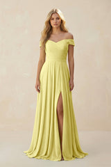 Off - the - Shoulder Pleated A - Line Chiffon Bridesmaid Dress in Buttercup - KISS BRIDAL Bridesmaid Dresses