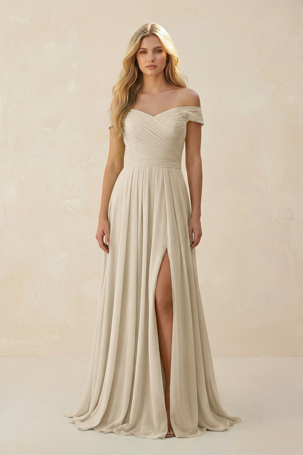 Off - the - Shoulder Pleated A - Line Chiffon Bridesmaid Dress in Champagne - SHE IS ME Bridesmaid Dresses