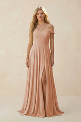 Off - the - Shoulder Pleated A - Line Chiffon Bridesmaid Dress in Champagne Rose - KISS BRIDAL Bridesmaid Dresses