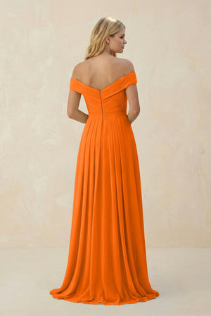 Off - the - Shoulder Pleated A - Line Chiffon Bridesmaid Dress in Cinnamon - SHE IS ME Bridesmaid Dresses