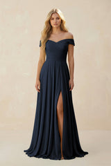 Off - the - Shoulder Pleated A - Line Chiffon Bridesmaid Dress in Dark Navy - KISS BRIDAL Bridesmaid Dresses