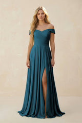Off - the - Shoulder Pleated A - Line Chiffon Bridesmaid Dress in Dark Teal - KISS BRIDAL Bridesmaid Dresses
