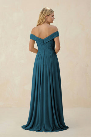 Off - the - Shoulder Pleated A - Line Chiffon Bridesmaid Dress in Dark Teal - SHE IS ME Bridesmaid Dresses