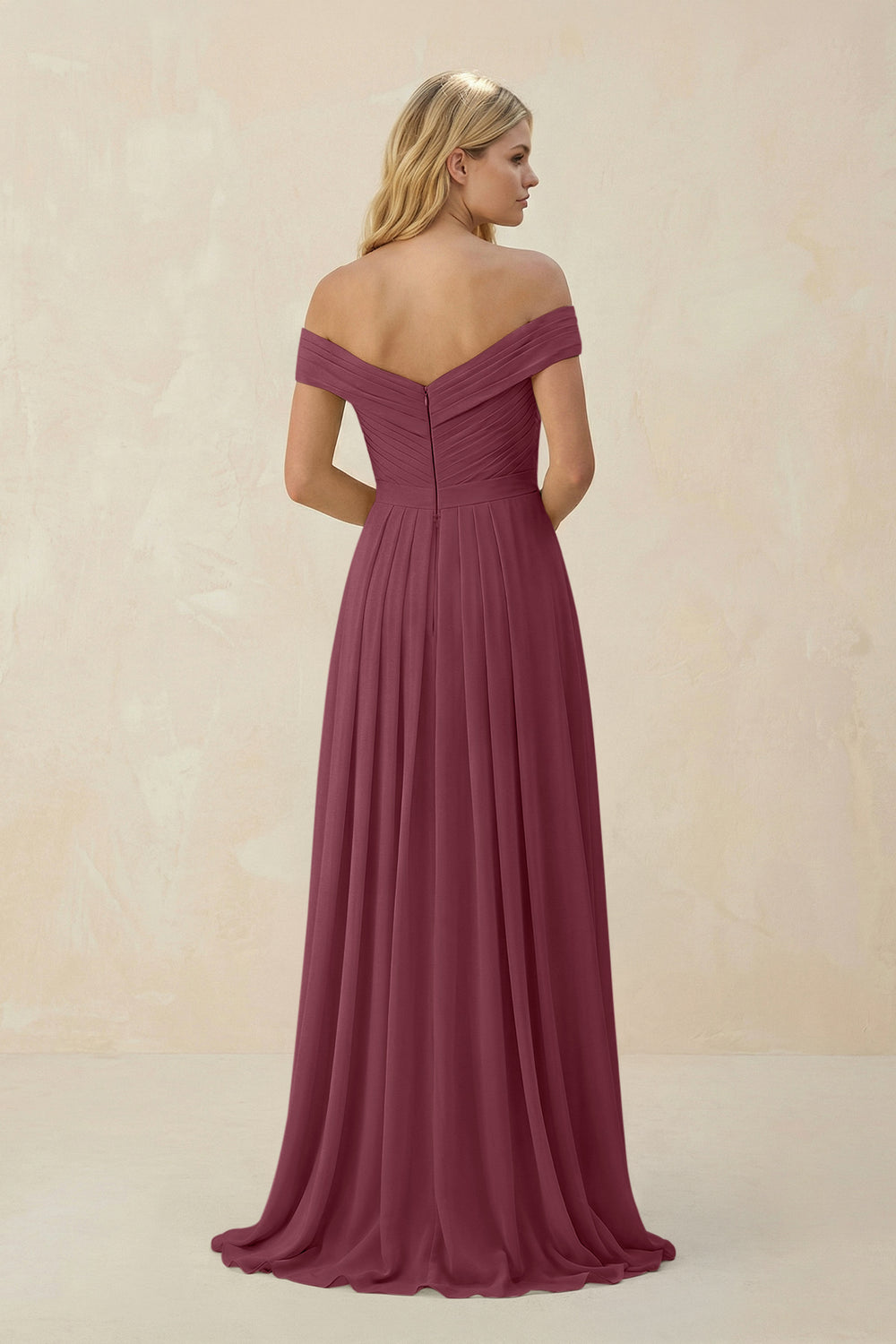 Off-the-Shoulder Pleated A-Line Chiffon Bridesmaid Dress in Desert Rose