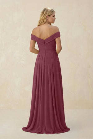 Off-the-Shoulder Pleated A-Line Chiffon Bridesmaid Dress in Desert Rose (2) | KISSBRIDAL