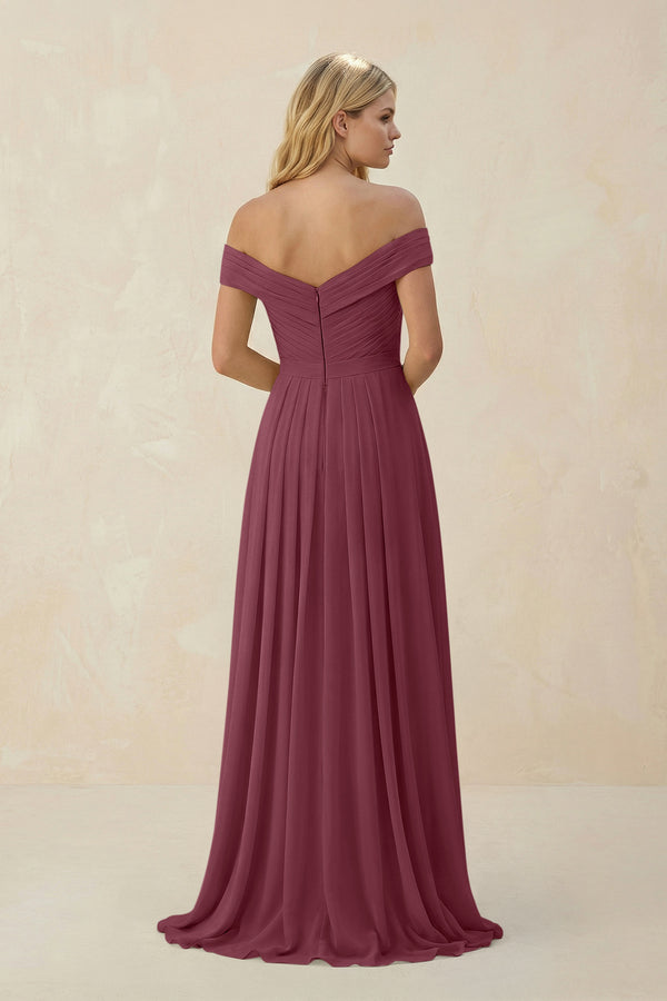 Off-the-Shoulder Pleated A-Line Chiffon Bridesmaid Dress in Desert Rose (2) | KISSBRIDAL