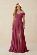 Off - the - Shoulder Pleated A - Line Chiffon Bridesmaid Dress in Desert Rose - SHE IS ME Bridesmaid Dresses