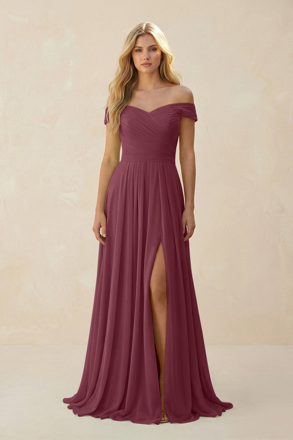 Off-the-Shoulder Pleated A-Line Chiffon Bridesmaid Dress in Desert Rose