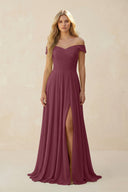 Off-the-Shoulder Pleated A-Line Chiffon Bridesmaid Dress in Desert Rose | KISSBRIDAL
