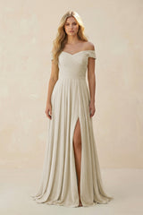 Off - the - Shoulder Pleated A - Line Chiffon Bridesmaid Dress in Dove Gray - KISS BRIDAL Bridesmaid Dresses