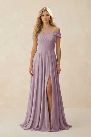 Off - the - Shoulder Pleated A - Line Chiffon Bridesmaid Dress in Dusk - SHE IS ME Bridesmaid Dresses