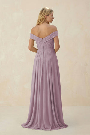 Off - the - Shoulder Pleated A - Line Chiffon Bridesmaid Dress in Dusk - SHE IS ME Bridesmaid Dresses