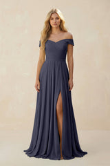 Off - the - Shoulder Pleated A - Line Chiffon Bridesmaid Dress in Dusk Blue - KISS BRIDAL Bridesmaid Dresses