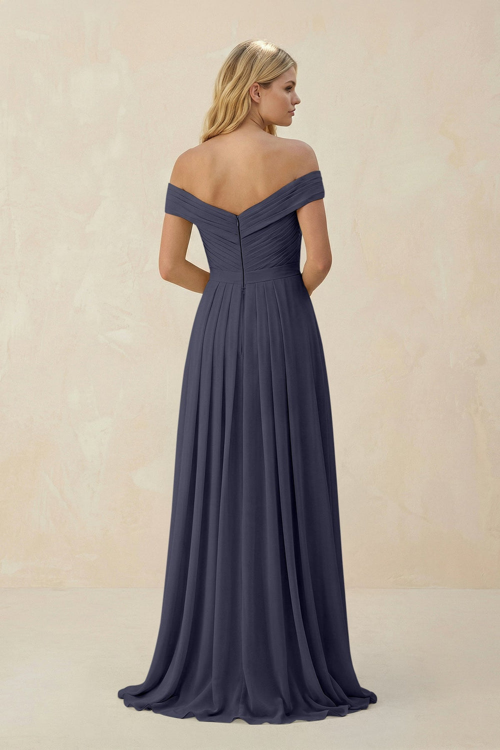 Off - the - Shoulder Pleated A - Line Chiffon Bridesmaid Dress in Dusk Blue - SHE IS ME Bridesmaid Dresses