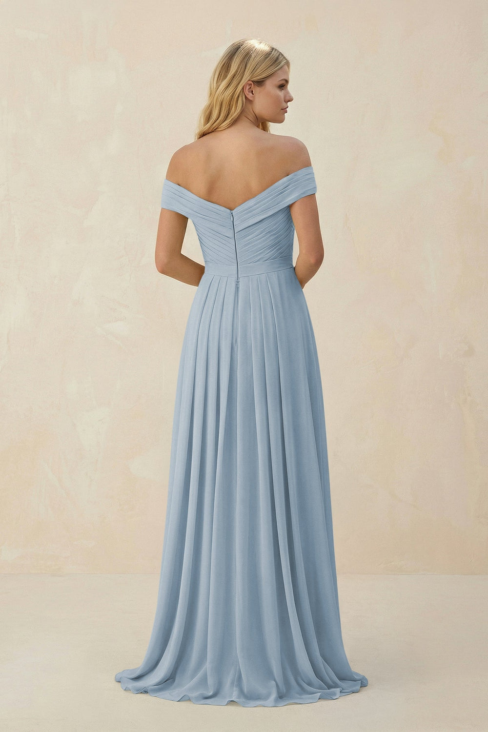 Off - the - Shoulder Pleated A - Line Chiffon Bridesmaid Dress in Dusty Blue - SHE IS ME Bridesmaid Dresses
