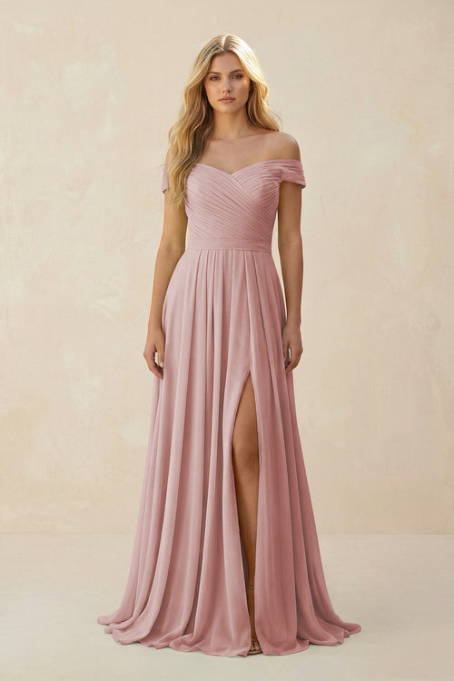 Off - the - Shoulder Pleated A - Line Chiffon Bridesmaid Dress in Dusty Rose - SHE IS ME Bridesmaid Dresses
