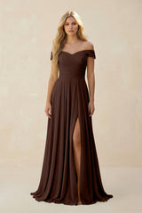 Off - the - Shoulder Pleated A - Line Chiffon Bridesmaid Dress in Espresso - KISS BRIDAL Bridesmaid Dresses