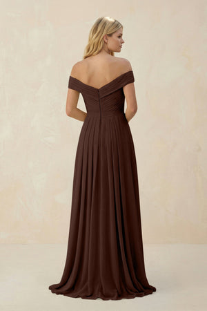 Off - the - Shoulder Pleated A - Line Chiffon Bridesmaid Dress in Espresso - SHE IS ME Bridesmaid Dresses