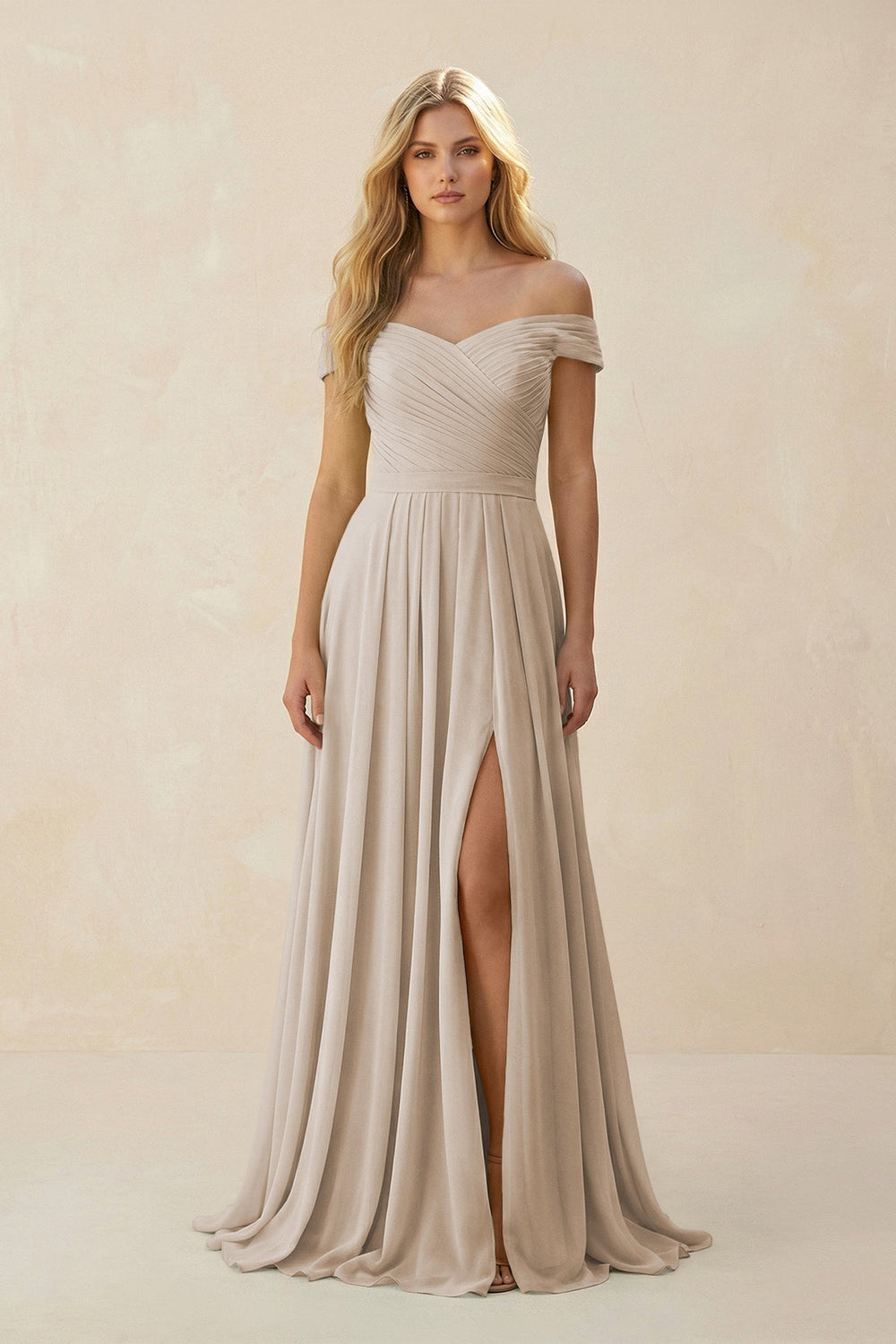 Off - the - Shoulder Pleated A - Line Chiffon Bridesmaid Dress in Frost - SHE IS ME Bridesmaid Dresses