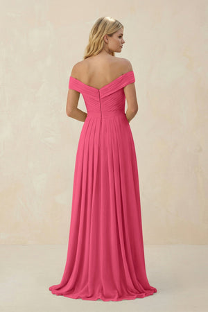 Off - the - Shoulder Pleated A - Line Chiffon Bridesmaid Dress in Fuchsia - SHE IS ME Bridesmaid Dresses