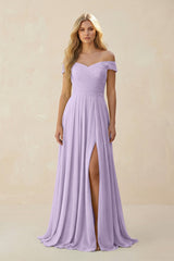 Off - the - Shoulder Pleated A - Line Chiffon Bridesmaid Dress in Lavender - KISS BRIDAL Bridesmaid Dresses