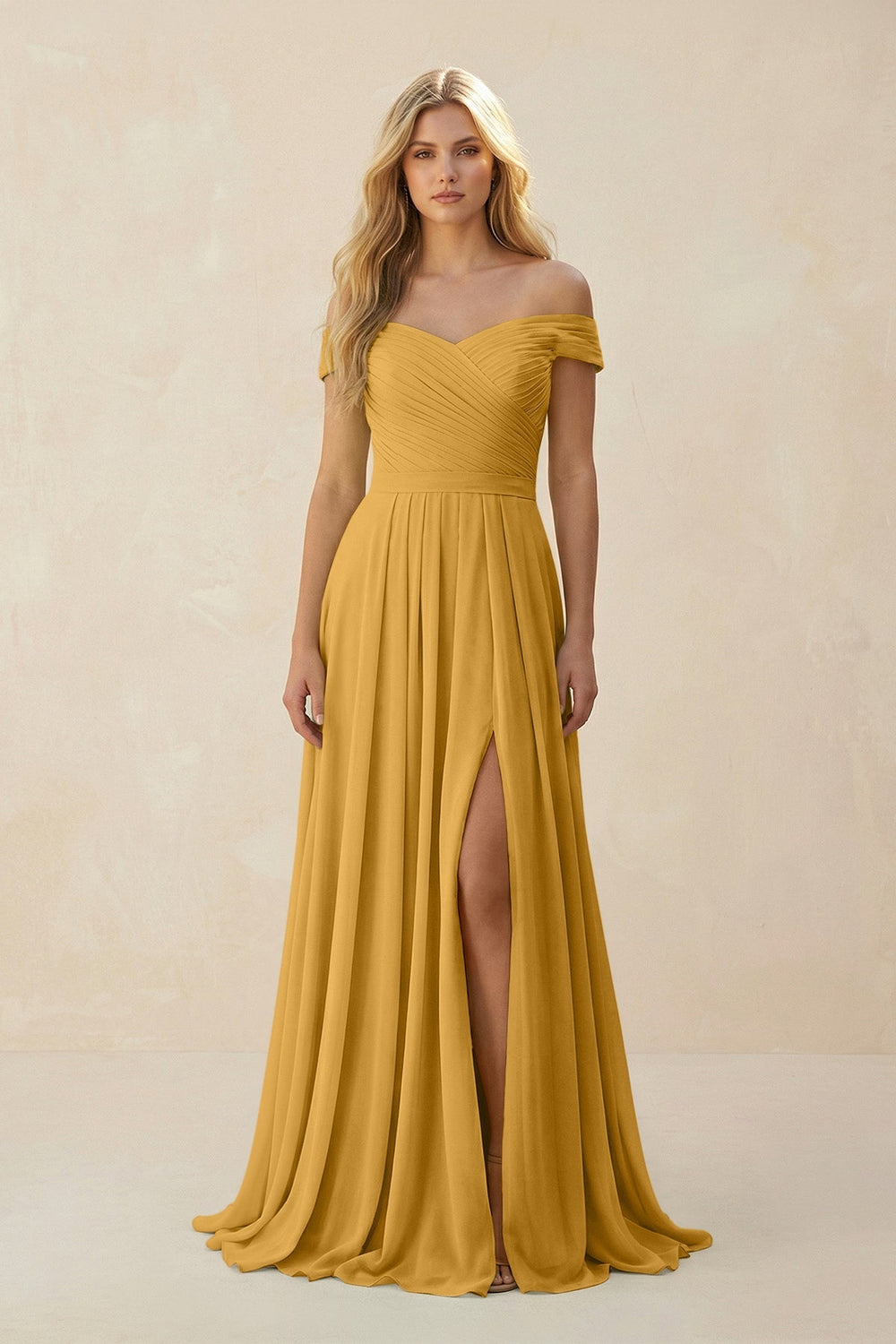 Off - the - Shoulder Pleated A - Line Chiffon Bridesmaid Dress in Marigold - SHE IS ME Bridesmaid Dresses